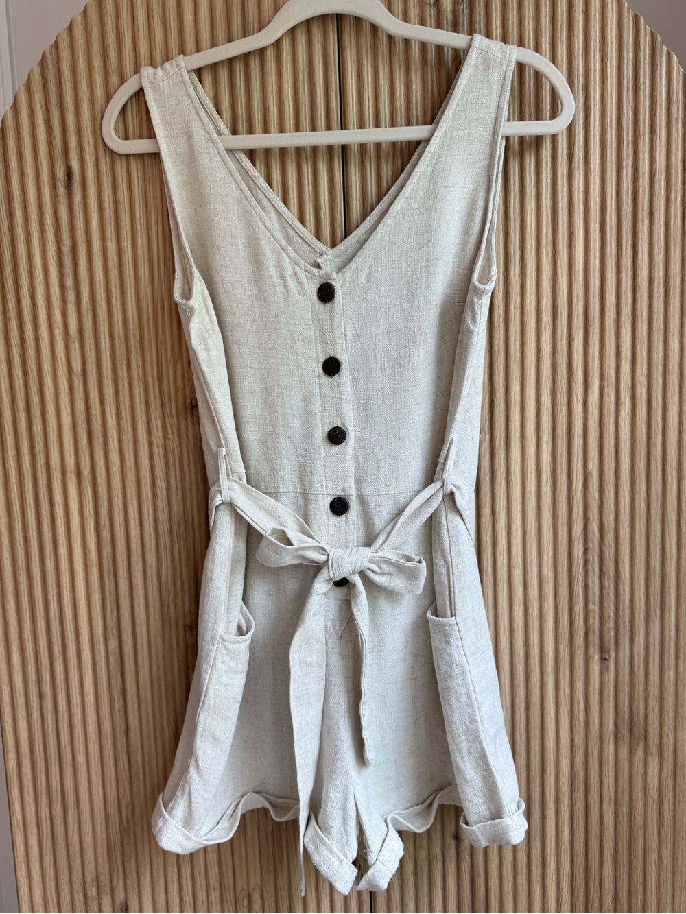 Adibosy Linen-Blend Button Front Romper with Tie-Waist in Natural/Oatmeal